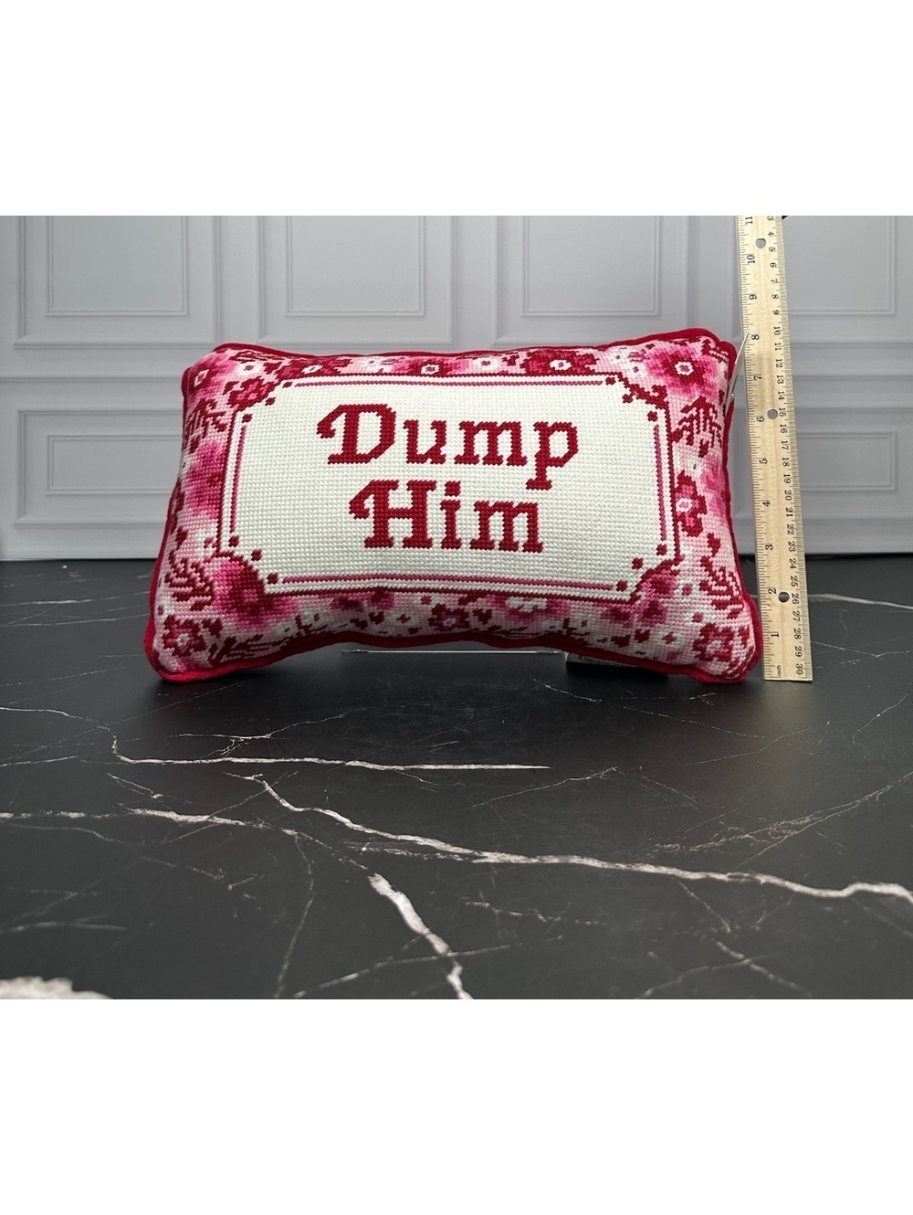 'Dump Him' Cross-Stitch Decorative Throw Pillow with Floral Border - Picture 2 of 7